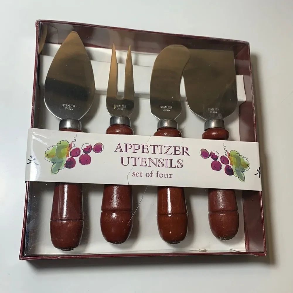 Appetizer Utensils Cheese Server Slicer Wooden Handles Set Of 4 Brown Silver